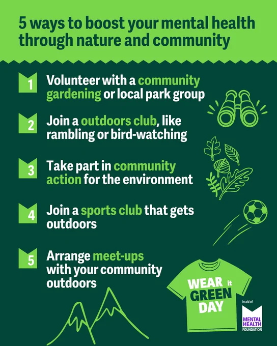 5 ways to boost your mental health through nature and community
1. Volunteer with a community gardening or local park group
2. Join an outdoors club, like rambling or bird watching
3. Take part in community action for the environment
4. Join a sports club that gets outdoors
5. Arrange meet-ups with your community outdoors
