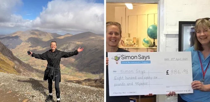Two photographs. The first is of Lisa stood at the peak of Snowdon. Behind her is the Snowdonia mountain range and clouds. Lisa is stood with her arms reached out to the sides. She is smiling at the camera. The second is a close up photograph is of Lisa presenting a giant Simon Says charity cheque to Debs Adams. They are stood in a classroom. Behind them is a tv screen and a cupboard.