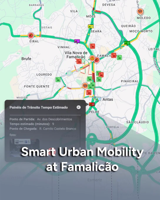 Screenshot of a live traffic map of Vila Nova de Famalicão using Mapify, with real-time incident icons and estimated travel panels.

