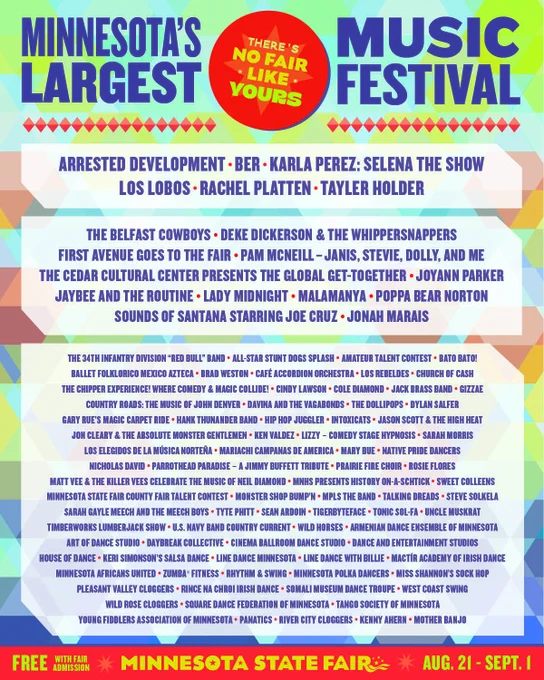 Promotional poster for the Minnesota State Fair, featuring bands like Los Lobos, Rachel Platten, and Selena. The event spans multiple genres and includes performances by numerous artists listed across colorful, dynamic text, set against a vibrant background. Event dates from August 1st to September 1st.