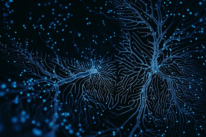 A 3D rendered image of a neuron cell network in blue on a black background.