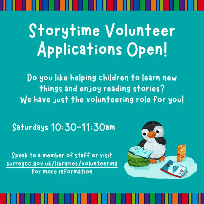 A blue graphic advertising a Storytime volunteer vacancy at Ash Library. Needed 10:30-11:30am on Saturdays.
