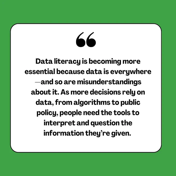 A quote in a white box on a green background reads: "Data literacy is becoming more essential because data is everywhere — and so are misunderstandings about it. As more decisions rely on data, from algorithms to public policy, people need the tools to interpret and question the information they’re given."