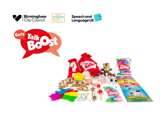 Graphic image showing an Early Talk Boost resources pack with the Early Talk Boost logo. Also features logos of Birmingham City Council, Birmingham Family Hubs and Speech and Language UK