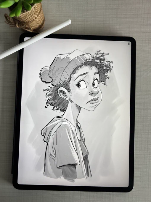 Digital sketch of a young girl with curly hair, wearing a beanie and hoodie, displayed on a tablet.