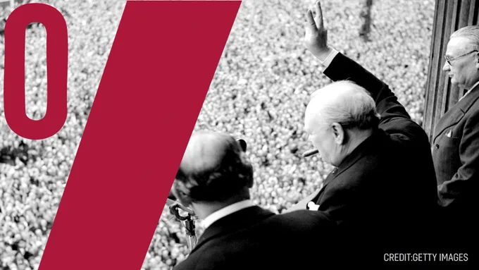Winston Churchill In The Second World War, Churchill waves to crowds in Whitehall on the day he broadcast to the nation that the war with Germany had been won, 8 May 1945 (VE Day). 