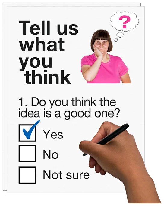 An Easy Read form titled "Tell us what you think". It has large text and a Photosymbol image. A hand is holding a pen and has ticked the Yes box.