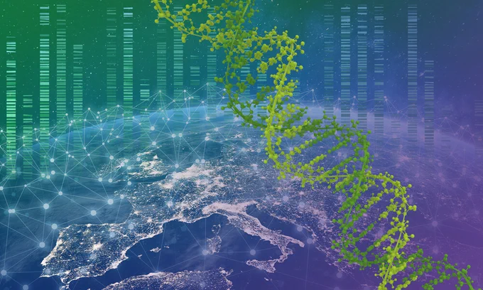 In the foreground, DNA strand. In the background, outline of the European continent, interconnected dots, and rows of bands representing genetic data.