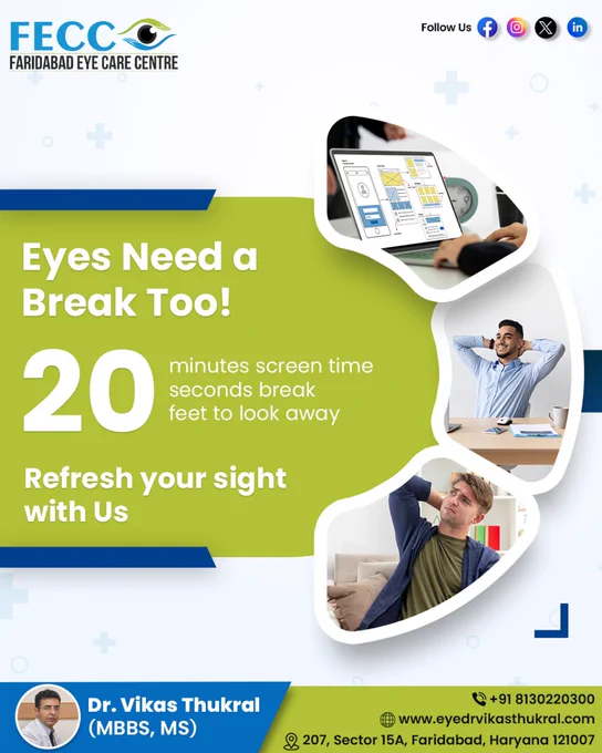 Blink, breathe, and break! ✨ Small steps = big benefits for your eyes.

Follow the 20-20-20 rule: Every 20 minutes ⏰, take a 20-second break ⏳ and look 20 feet away 👀.

Refresh your vision with expert care at Faridabad Eye Care Centre 🏥.


Book your appointment today!