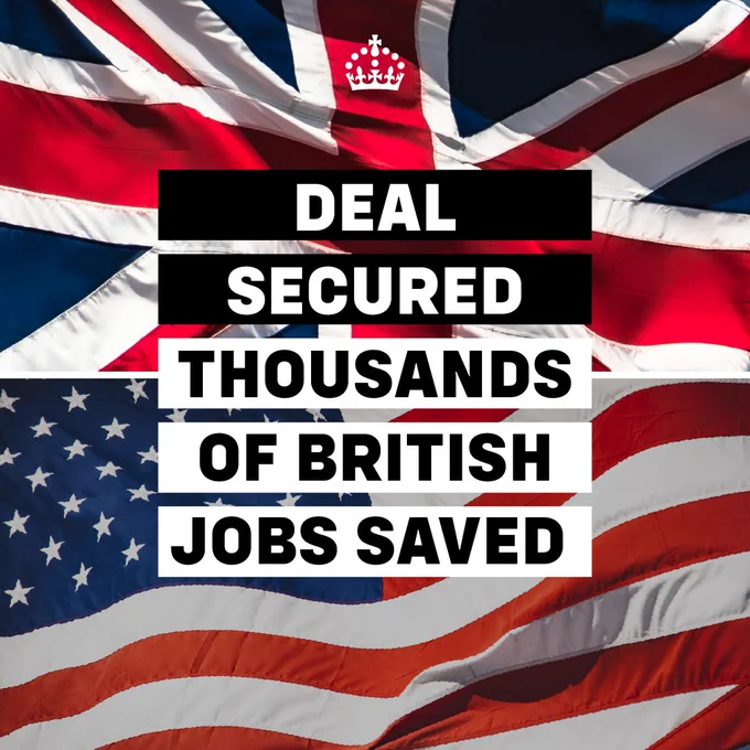 Graphic with UK and US flags with the text: Deal secured thousands of British jobs saved.