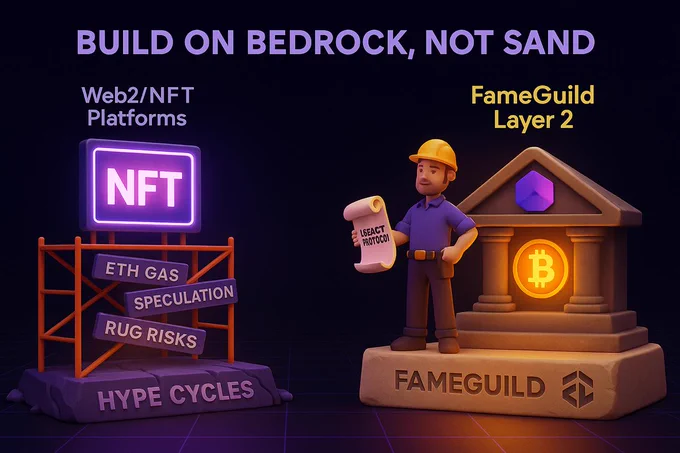 A side-by-side illustration comparing NFT platforms: on the left, Web2/NFT platforms depicted as unstable scaffolding labeled 'ETH Gas', 'Speculation', 'Rug Risks', and 'Hype Cycles.' On the right, FameGuild's Layer 2 platform portrayed as a stable, robust stone foundation labeled 'FAMEGUILD', featuring a confident builder holding a 'Legacy Protocol' scroll next to a Bitcoin emblem. Text reads: 'BUILD ON BEDROCK, NOT SAND.