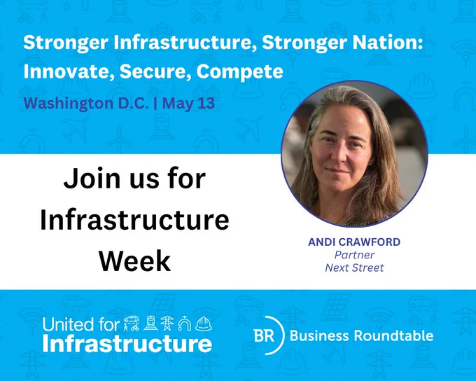 A speaker graphic encouraging people to join United for Infrastructure for Infrastructure Week’s signature event on May 13. The graphic, which highlights speaker Andi Crawford with Next Street, also includes this year’s theme, “Stronger Infrastructure, Stronger Nation: Innovate, Secure, Compete” and the logos for United for Infrastructure and event sponsor, Business Roundtable.