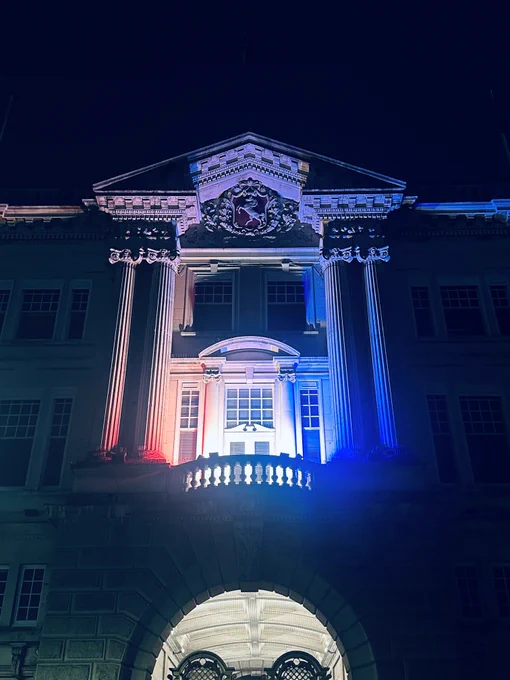 County Hall in Maidstone lit in red, white and blue to honour VE80 commemorations this week