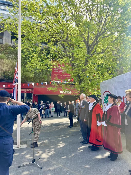 Picture of the Mayor of Sutton and deputy mayor with the local cadets units on Sutton high street raising the flag