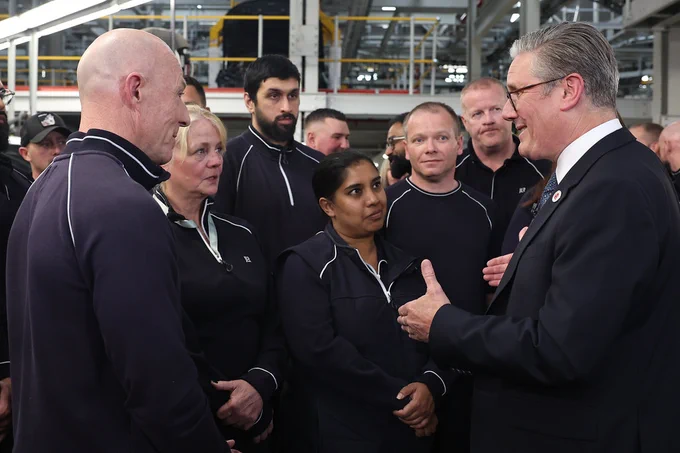 Prime Minister Keir Starmer speaks to workers at Jaguar Land Rover.