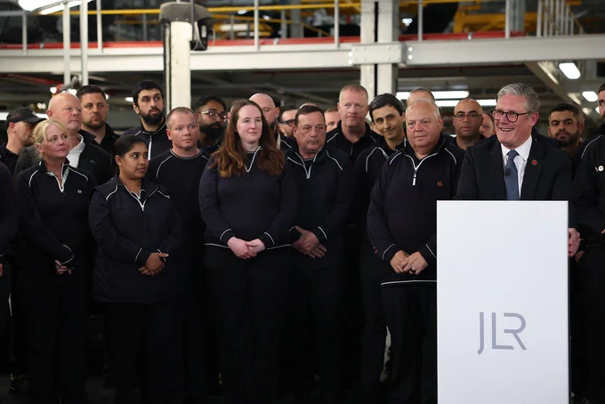Prime Minister Keir Starmer delivers a speech to workers whilst on a visit to Jaguar Land Rover.