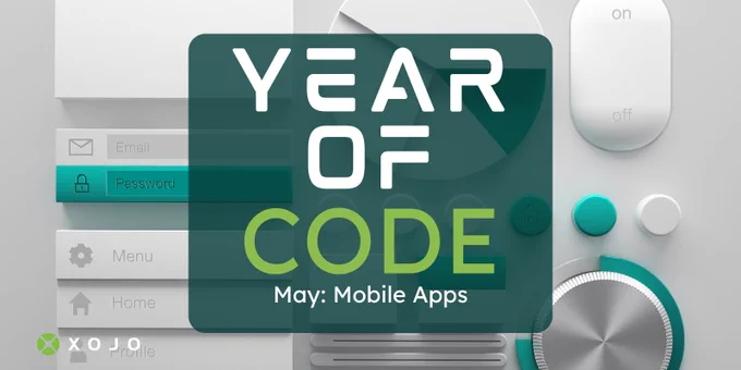 Promotional graphic for "Year of Code, May: Mobile Apps" featuring a modern, clean design with app development icons and tools like a mouse and stylus.
