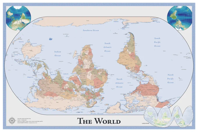 South-up political map of the world. Natural Earth projection centered at 0˚. The political map is accompanied by a land cover map in the interrupted Goode homolosine projection, and biosphere maps of the Eastern and Western Hemispheres. These are also all south-up. 