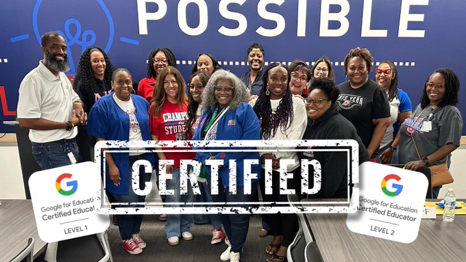 13 Duncanville ISD Instructional Support Specialists and 3 Instructional Technology Coordinators pose for a group picture. The picture is flanked by Google for Education Level 1 and Level 2 badges. The word “Certified” is stamped in the foreground.