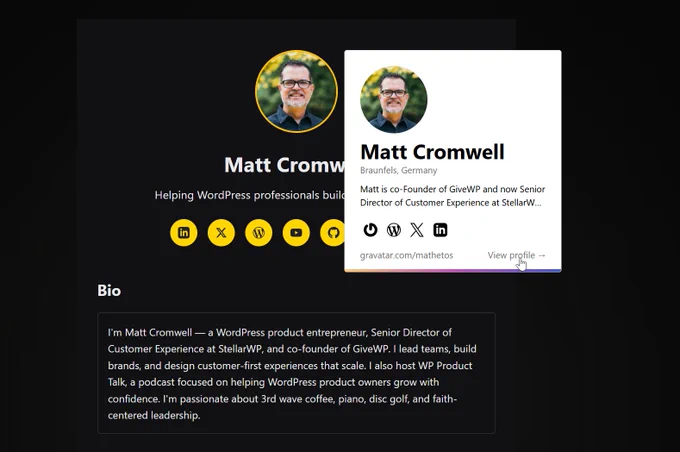 My Connect website with a cursor hovering over the profile image and a Gravatar Hovercard popping out. The hovercard shows my name, location, short bio, social links, and a link to my Gravatar page. 