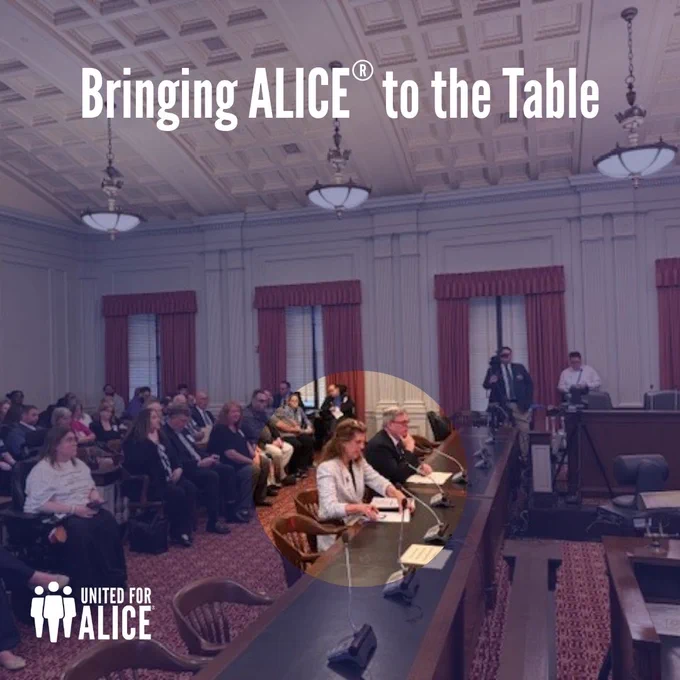 United For ALICE National Director Stephanie Hoopes is spotlighted as she testifies during the NJ Assembly Health Committee meeting on May 6, 2025. Text reads: Bringing ALICE to the Table