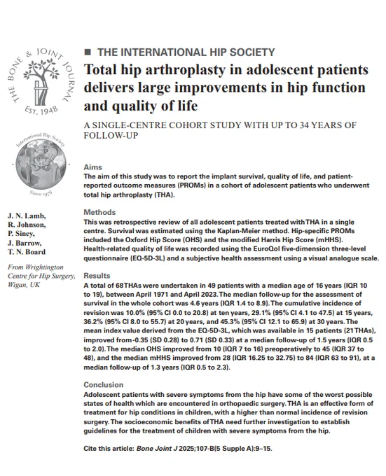 The Bone & Joint Journal. International Hip Society.
Abstract text for article titled 'Total hip arthroplasty in adolescent patients delivers large improvements in hip function and quality of life'.