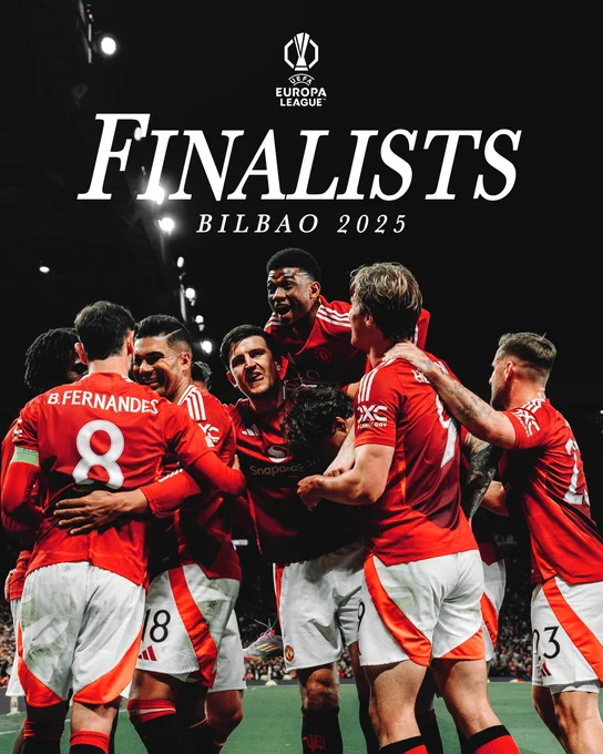 United celebrate Casemiro's goal as a team, underneath text that reads: 'FINALISTS, Bilbao 2025' with the Europa League logo.