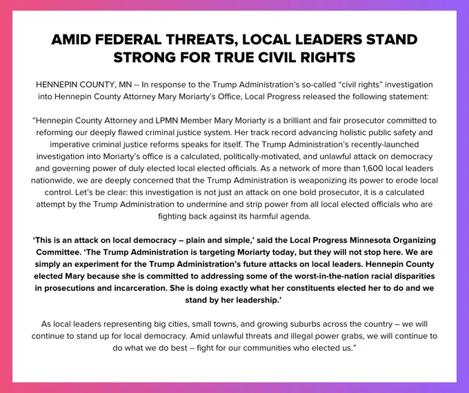 Graphic displaying a Local Progress statement titled, "Amid Federal Threats, Local Leaders Stand Strong for True Civil Rights"