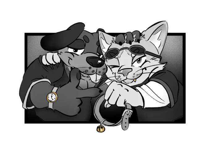 Fanart of the rap duo Barker and DJ Churu from Louie Zong's 'Off The Leash' short, huddled together and hitting the RTJ pose. 
