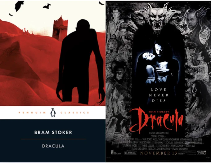 A comparison between the book cover for Dracula by Bram Stoker and the movie poster for Bram Stoker's Dracula (1992). The book is the Penguin Classics edition, which features a silhouette of a long spindly man and flying bats against a black backdrop of a castle and the Carpathian mountains. The movie poster is black and white and shows Dracula holding Mina sensually with the tagline of "Love Never Dies" underneath. Only the title "Dracula" is in color, and it is red.