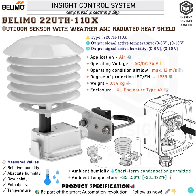 Belimo 22UTH-110X Outdoor Sensor with Weather and Radiated Heat Shield

✔️ Active humidity and temperature sensor (0...10 V) for outside applications. 

✔️ The radiation shield protects the outside sensors from rain and radiated heat. 

✔️ With the curved shape and colour of the plates airflow is able to move across the sensors to keep radiated temperatures from rooftops and surrounding surfaces from affecting humidity readings.
