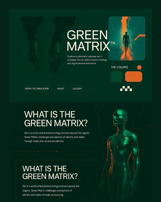 A high-tech hero section visual featuring a cybernetic arm interface on the left and a vibrant, abstract digital explosion of color and shapes on the right. The layout includes minimal typography with futuristic fonts, circular and rectangular buttons, and a sleek two-tone palette (dark green and neon orange/blue), all set against a clean white frame.