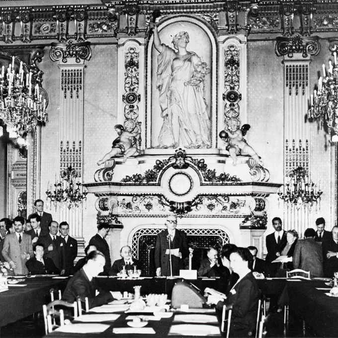 Photo of Robert Schuman, standing in the centre, was taken on 20 June 1950, at the opening of the intergovernmental negotiations for the implementation of the Schuman Plan. It is generally used to illustrate the declaration of 9 May 1950 as no photographer was present at the original press conference. 