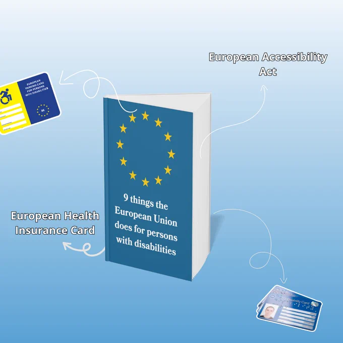 An illustration of a book called '9things the European Union does for disability' with arrows pointings to: 2 pictures of the European Disability Card and Parking Card and two texts saying 'European Accessibility Act' and 'European Health Insurbace Card'