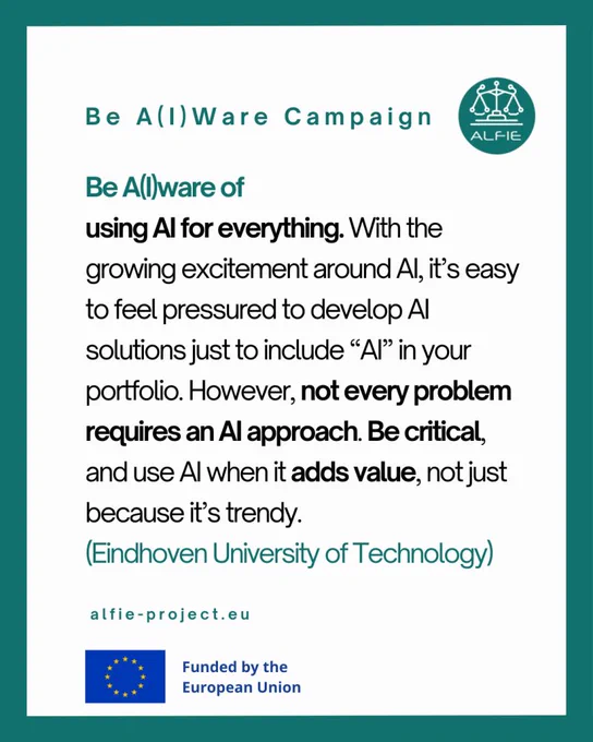 Be A(I)Ware Campaign poster that reads: "Be A(I)ware of using AI for everything. With the growing excitement around AI, it's easy to feel pressured to develop AI solutions just to include "AI" in your portfolio. However, not every problem requires an AI approach. Be critical, and use AI when it adds value, not just because it's trendy. (Eindhoven University of Technology).  