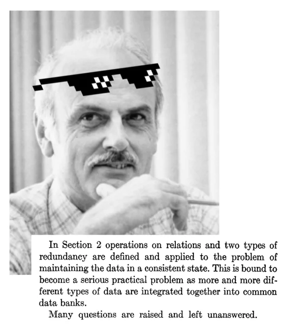 Tedd Codd gifted us with the Relational Model, and many unsolved problems.