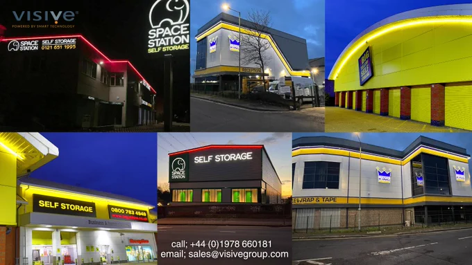 A collage of self storage facilities at dusk or nighttime, each brightly outlined with Visive LED border tube lighting in red, yellow, and white. Logos from brands like Space Station, Big Yellow Self Storage, and Storage King are clearly visible. The vibrant LED edging dramatically enhances building visibility from the road, emphasizing how strategic illumination increases consumer awareness and brand presence for roadside self storage sites.