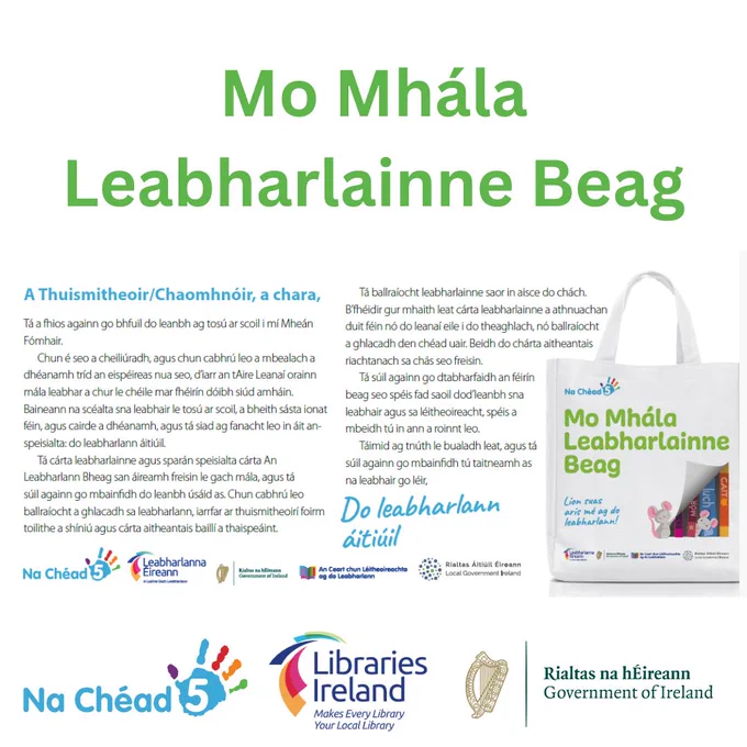 Photograph shows the My Little Library Bag invitation for Parents and Guardians in Irish/Gaeilge.