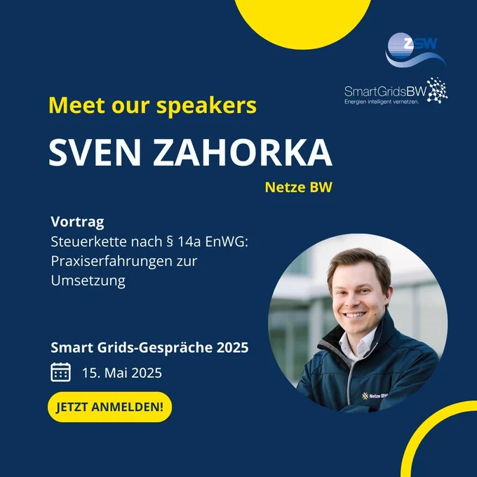 Sven Zahorka (Netze BW) spricht bei den Smart Grids-Gesprächen 2025 über Praxiserfahrungen zur Steuerkette nach §14a EnWG. Eventgrafik mit Porträt, Titel und Veranstaltungsdaten.