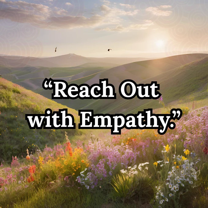 A serene landscape features rolling green hills under a soft, golden sunset, with two birds soaring in the sky. In the foreground, vibrant wildflowers in shades of pink, yellow, and orange bloom across the meadow. Bold white text with a black outline reads, "Reach Out with Empathy?" centered over the scene, evoking a sense of warmth and connection.