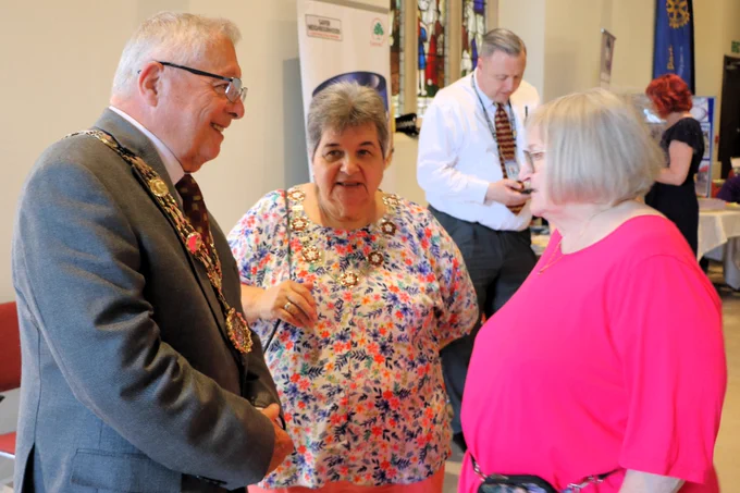 The Mayor of Sutton, Cllr Colin Stears and Mayoress, Sue Stears photographed with Joan Crowhurst from Wallington,Carshalton and Beddington Horticultural Society.