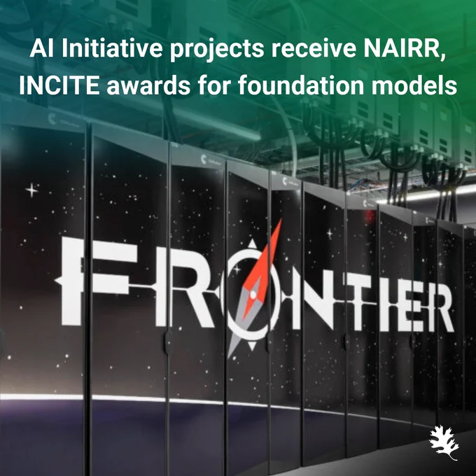 Image showing the logo of the Frontier supercomputer with a message about AI Initiative projects receiving NAIRR and INCITE awards for foundation models.