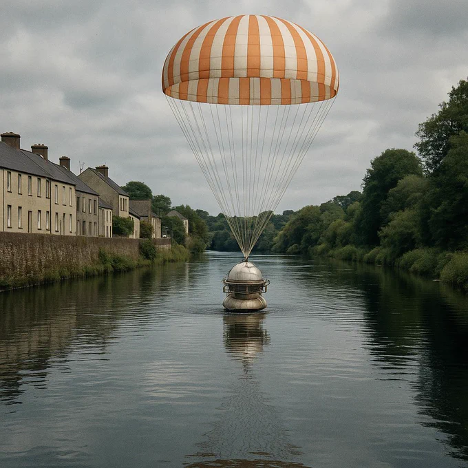 ChatGPT .  Prompt: "create an image of a soviet venera spacecraft parachuting into The River Ilen in Skibbereen Cork"