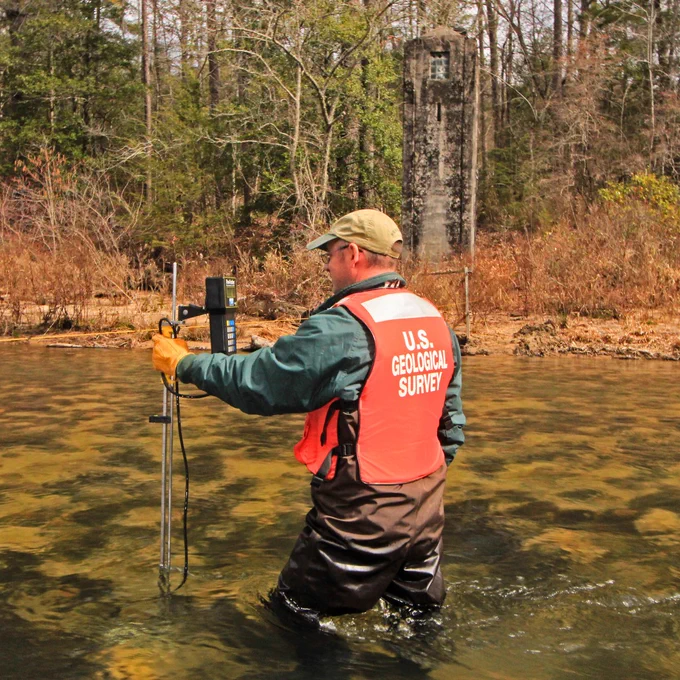 A USGS hydrologist making a discharge measurement at USGS monitoring location 02177000, Chattooga River near Clayton, GA. 