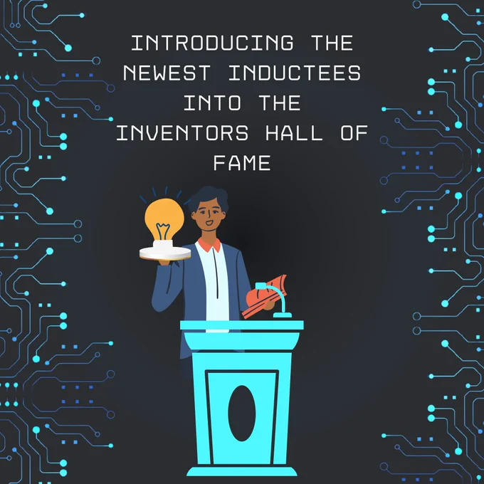 On a sylized background depicting circuits, a cartoon image of a dark-skinned individual standing at a podium, holding a lightbulb shaped award.