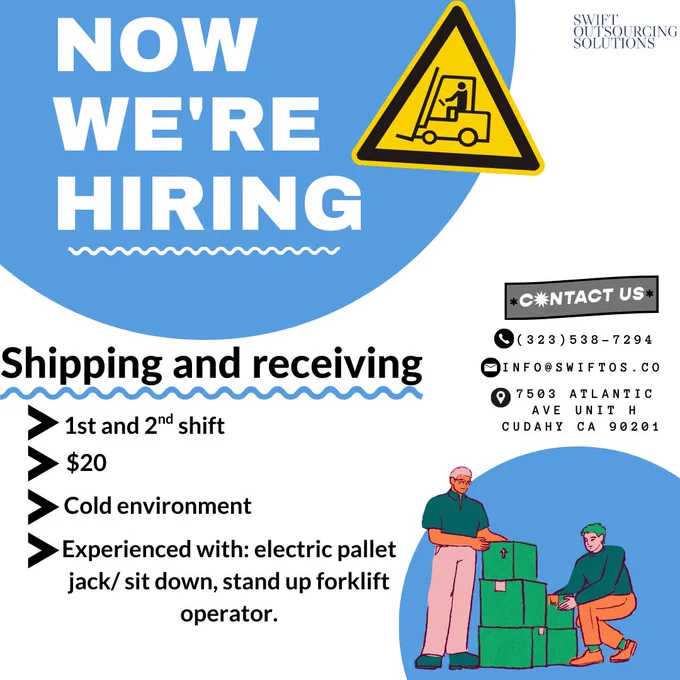 We are hiring for Shipping and receiving, feel free to contact us if you have any questions!

#ApplyNow #jobagency #swiftoutsorcingsolutions #applyforajob #warehousejobs #shippingandreceiving #1stshift #2ndshift #coldenvironment #electricpalletjack #forklift #sitdownforklift #standupforklift #southgate #cudahy
