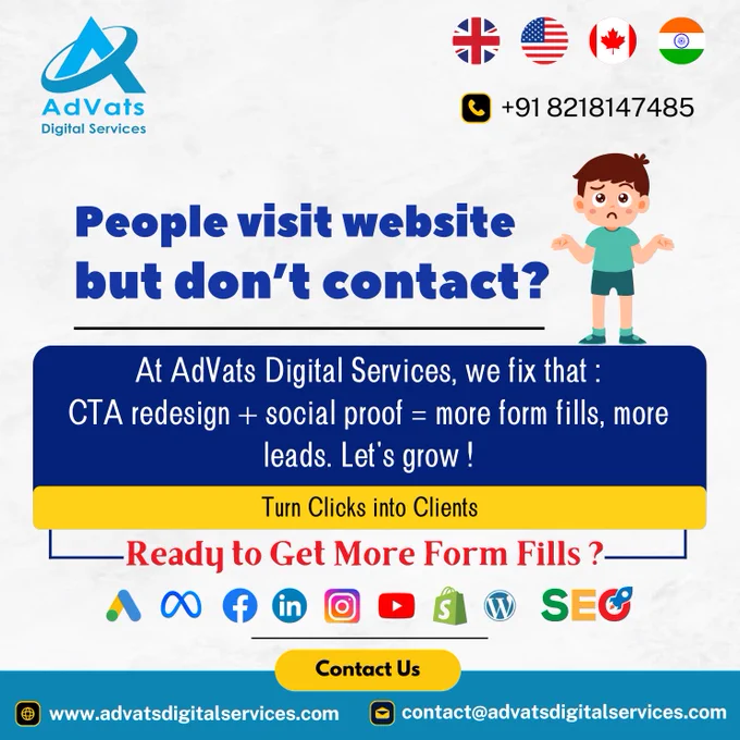 🚨 Struggling with Website Traffic but No Inquiries?

You’re not alone — but you don’t have to stay stuck.

At AdVats Digital Services, we specialize in turning passive website visitors into high-quality leads through:

✅ Smart CTA Redesign
✅ Trust-Building Social Proof
✅ Conversion-Focused Strategy

💡 The result? More form fills. More clients. Real growth.

🧠 Trusted by brands in the UK 🇬🇧, USA 🇺🇸, Canada 🇨🇦 & India 🇮🇳
📈 Let’s transform your clicks into revenue.

📞 WhatsApp:  91 8218147485
🌐 www.advatsdigitalservices.com
📩 contact@advatsdigitalservices.com

#conversionexperts #digitalmarketingpros #leadgeneration
#advatsdigitalservices #webconversionexperts #marketingforresults
#ecommerceleads #growwithadvatsdigitalservices
#uksmallbusiness #digitalmarketingusa #canadamarketing #digitalindia