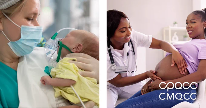 A nurse holds a newborn baby in the neonatal ICU and another nurse gives a physical exam to a pregnant patient.
