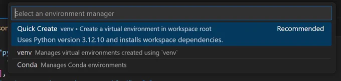 Python Environments' Quick Create command creates a new virtual environment with one click.