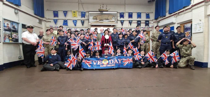Madam Deputy Mayor, Cllr Louise Phelan photographed with the Sutton Sea Cadets at the 80th Anniversary of VE Day
